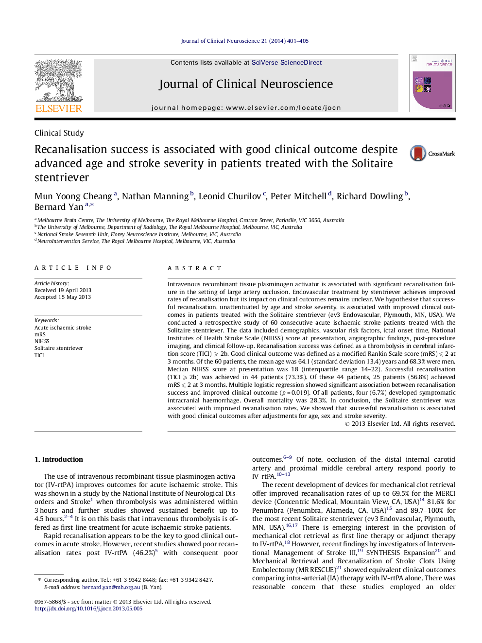 Recanalisation success is associated with good clinical outcome despite advanced age and stroke severity in patients treated with the Solitaire stentriever