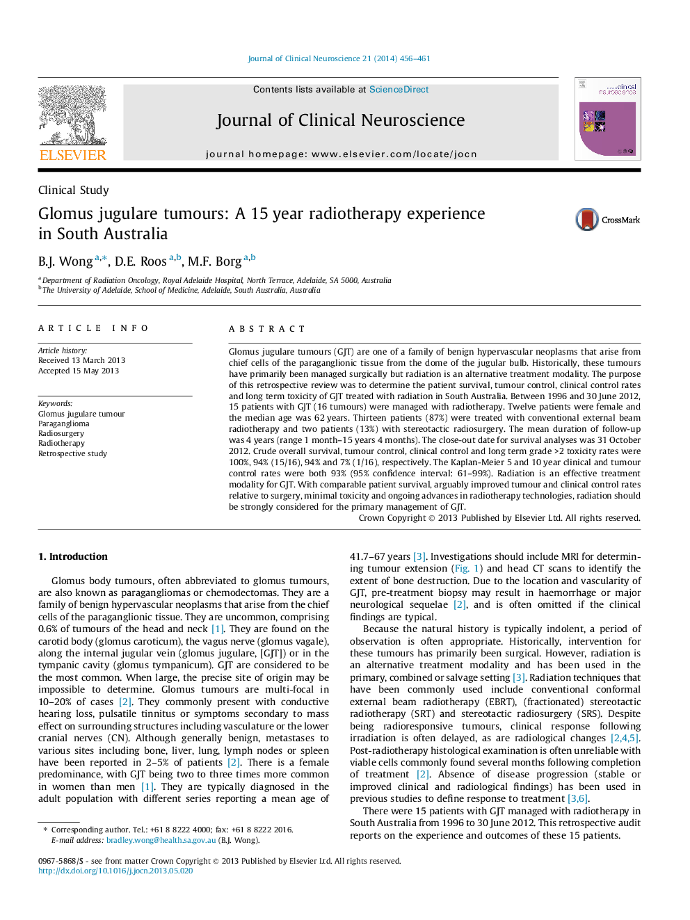 Glomus jugulare tumours: A 15 year radiotherapy experience in South Australia