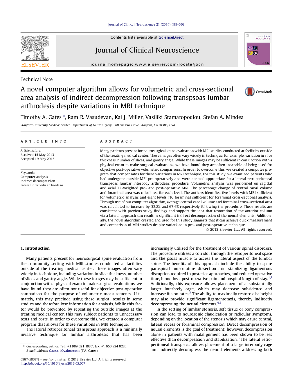 A novel computer algorithm allows for volumetric and cross-sectional area analysis of indirect decompression following transpsoas lumbar arthrodesis despite variations in MRI technique