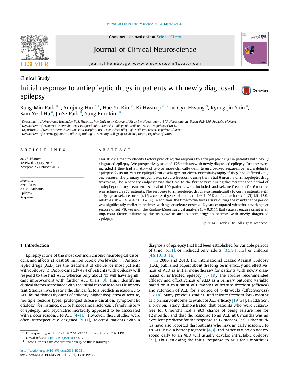 Initial response to antiepileptic drugs in patients with newly diagnosed epilepsy