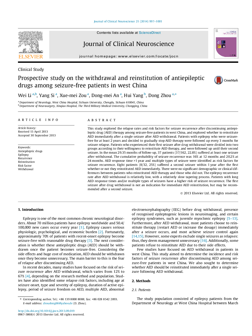 Prospective study on the withdrawal and reinstitution of antiepileptic drugs among seizure-free patients in west China