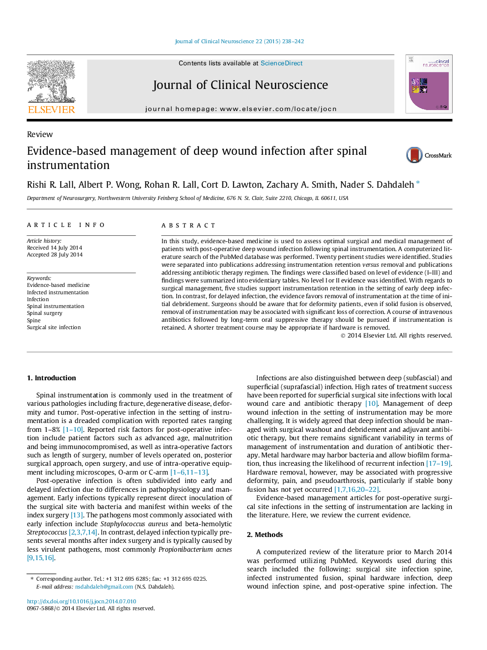 Evidence-based management of deep wound infection after spinal instrumentation