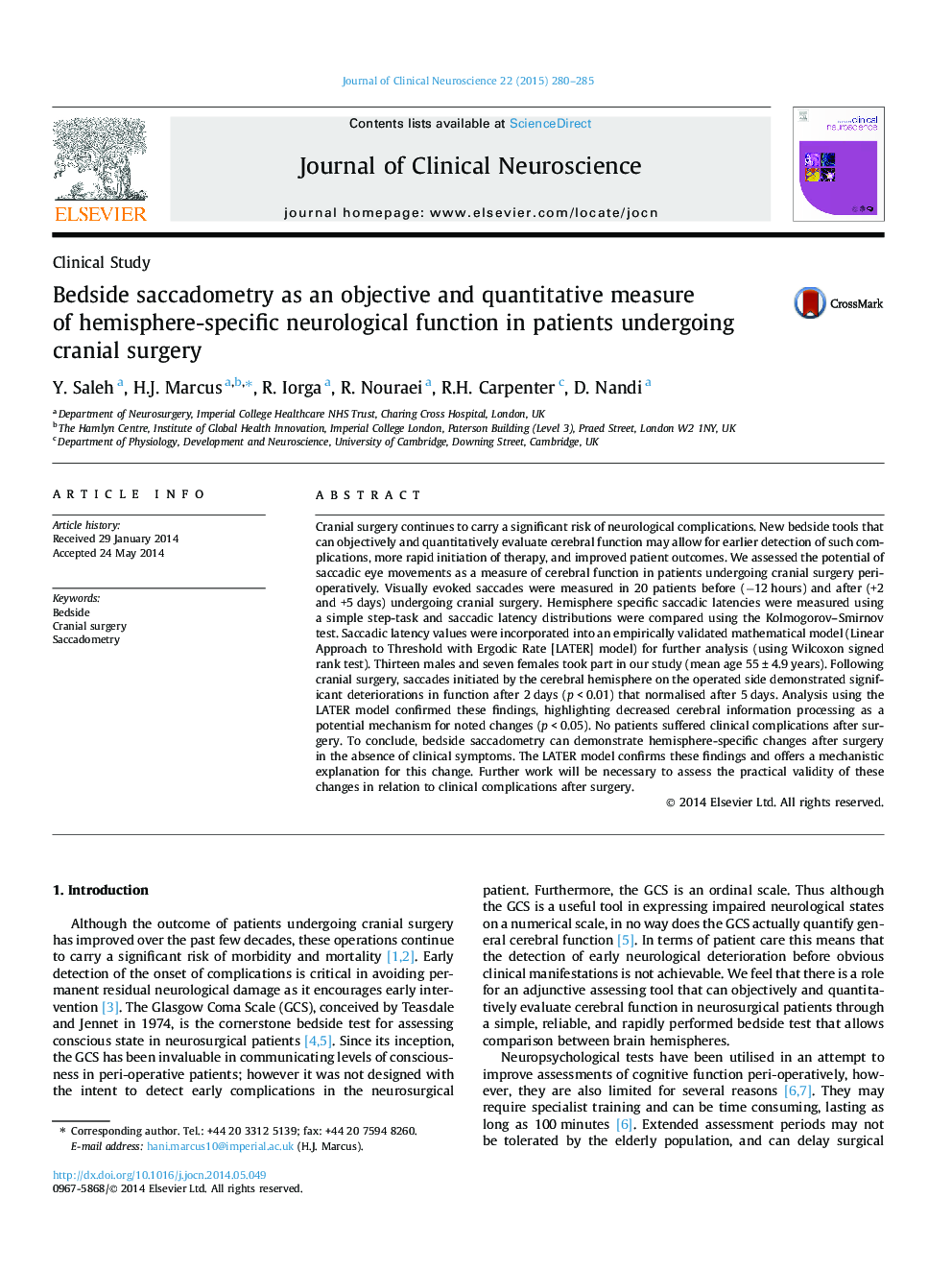 Bedside saccadometry as an objective and quantitative measure of hemisphere-specific neurological function in patients undergoing cranial surgery