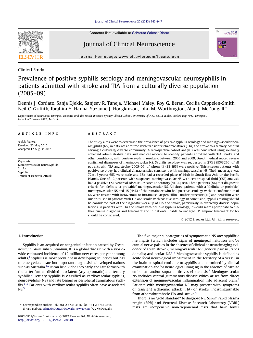 Prevalence of positive syphilis serology and meningovascular neurosyphilis in patients admitted with stroke and TIA from a culturally diverse population (2005–09)