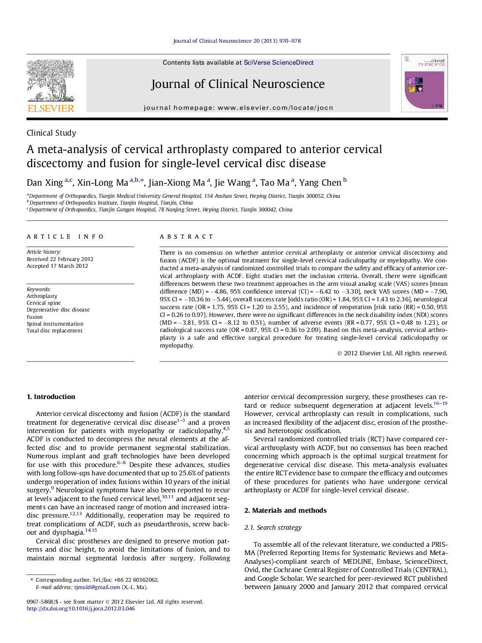 A meta-analysis of cervical arthroplasty compared to anterior cervical discectomy and fusion for single-level cervical disc disease