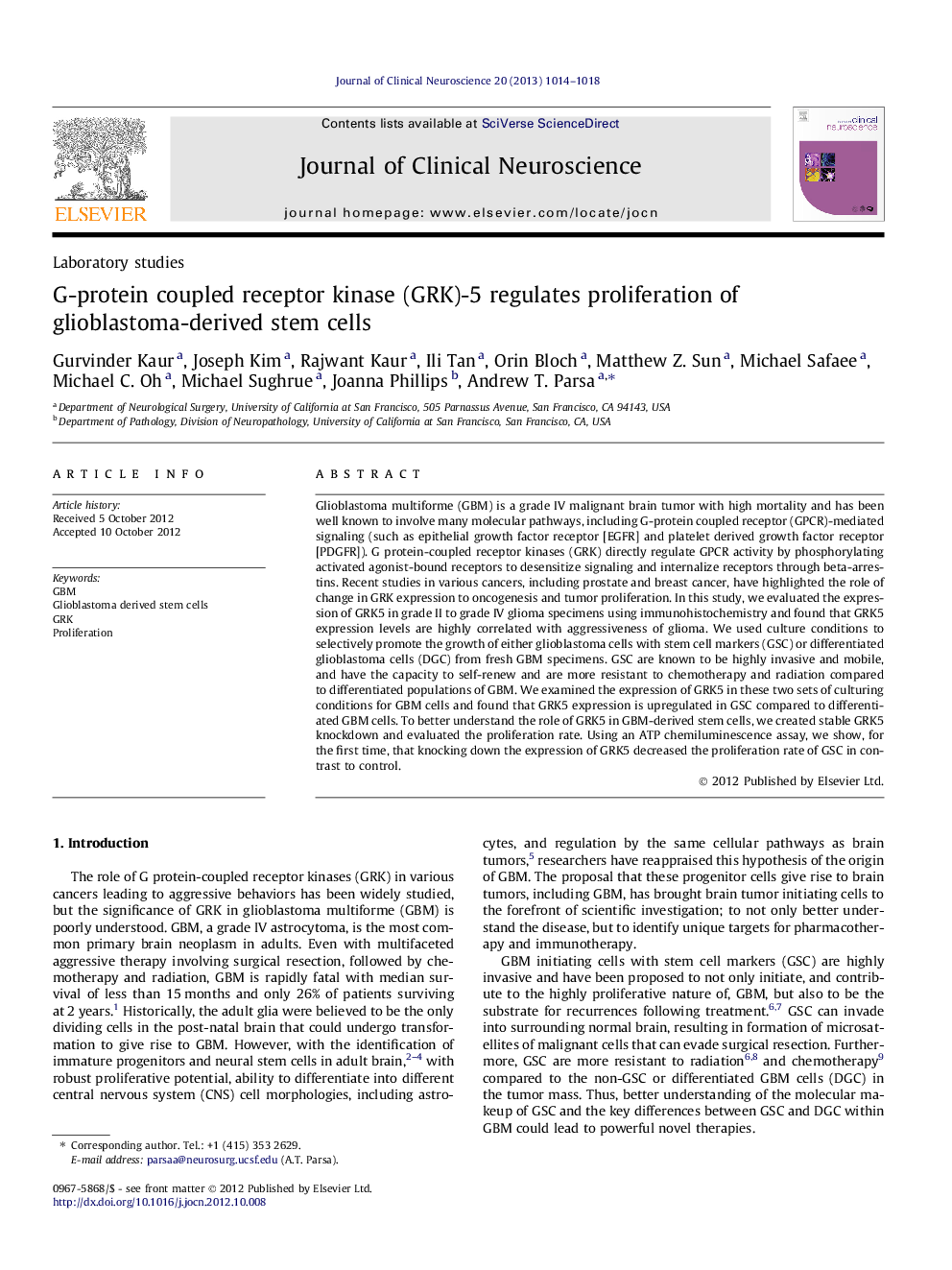 G-protein coupled receptor kinase (GRK)-5 regulates proliferation of glioblastoma-derived stem cells