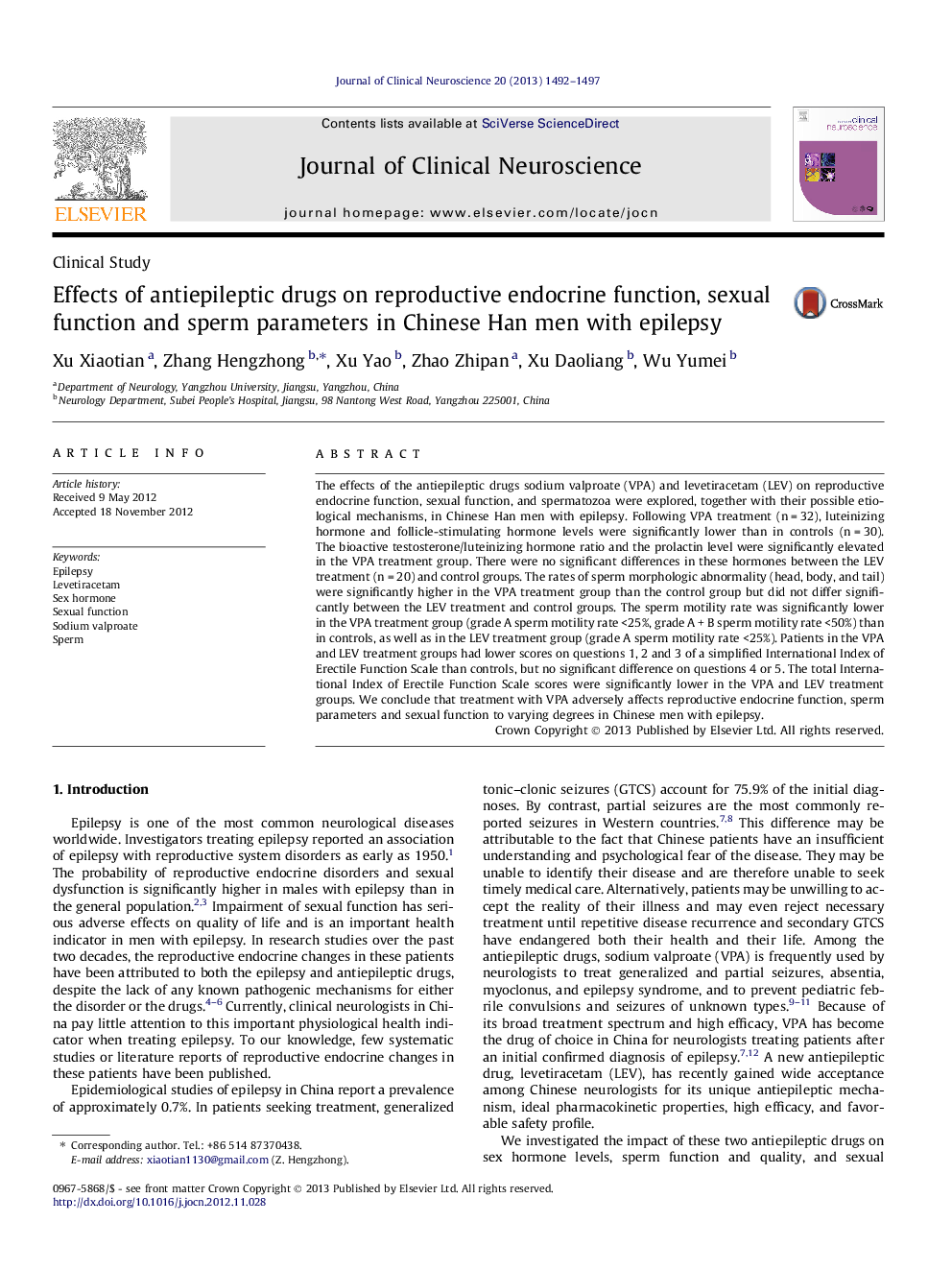 Effects of antiepileptic drugs on reproductive endocrine function, sexual function and sperm parameters in Chinese Han men with epilepsy