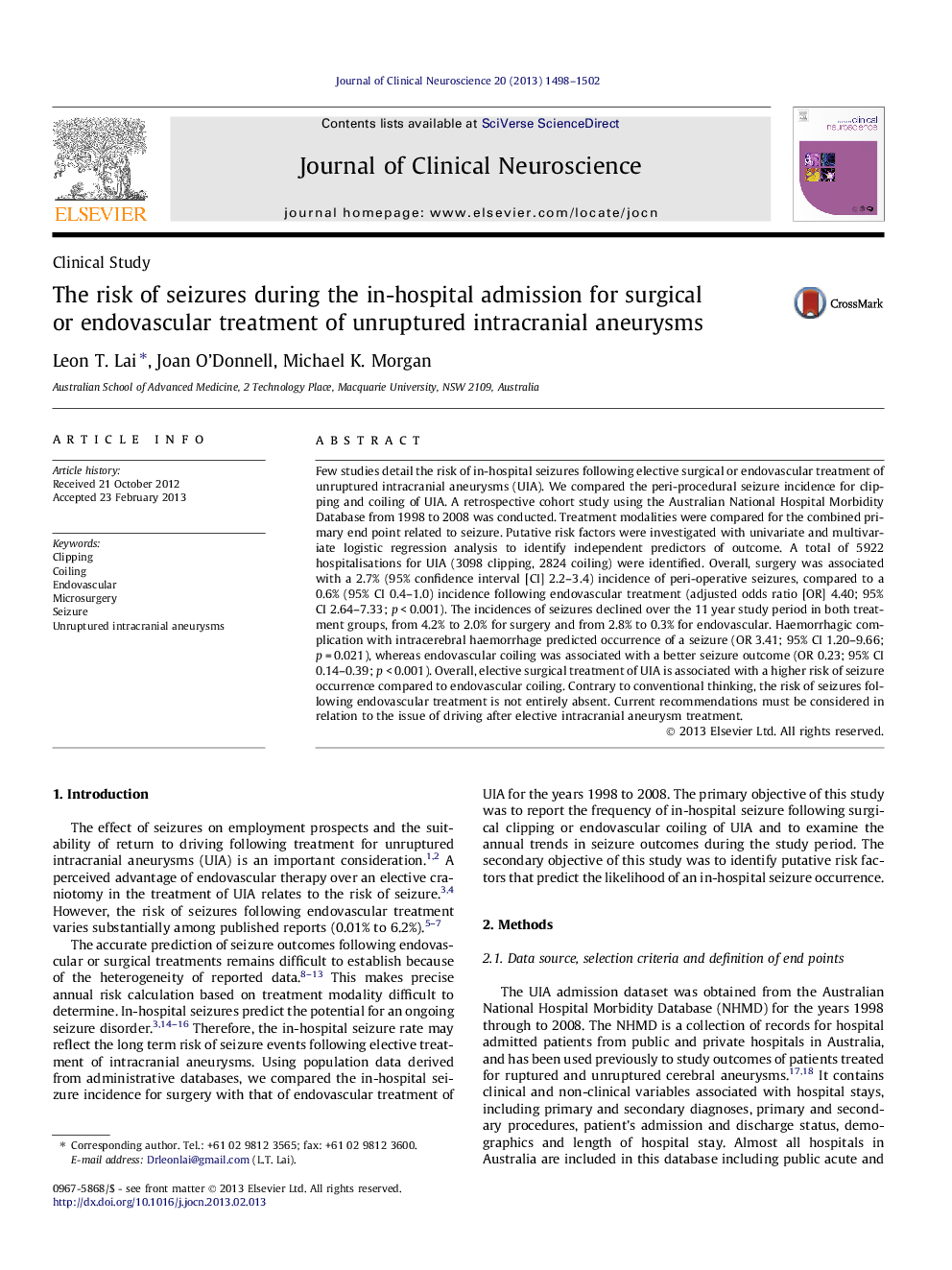 The risk of seizures during the in-hospital admission for surgical or endovascular treatment of unruptured intracranial aneurysms