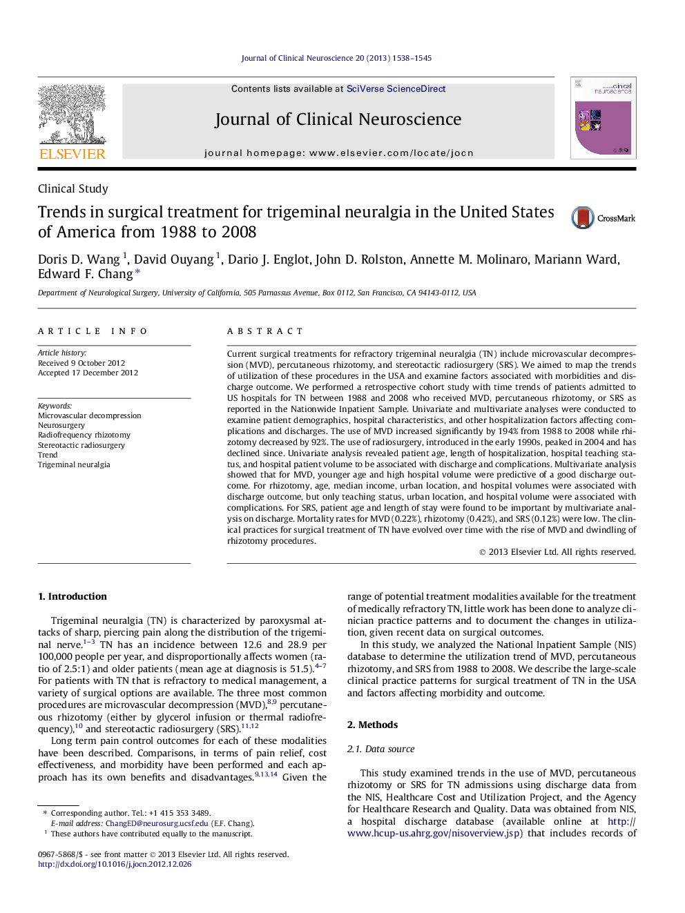 Trends in surgical treatment for trigeminal neuralgia in the United States of America from 1988 to 2008