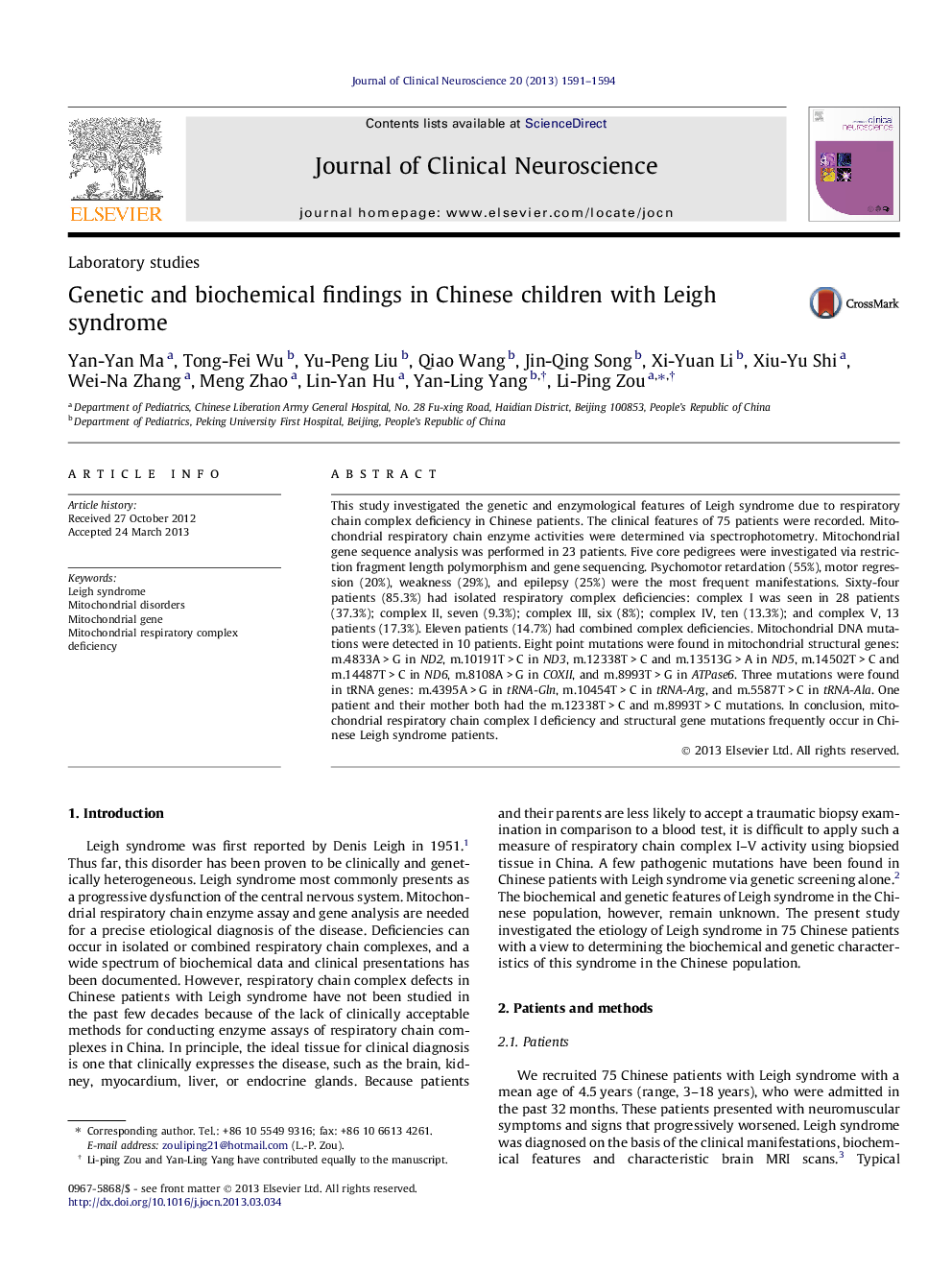 Genetic and biochemical findings in Chinese children with Leigh syndrome