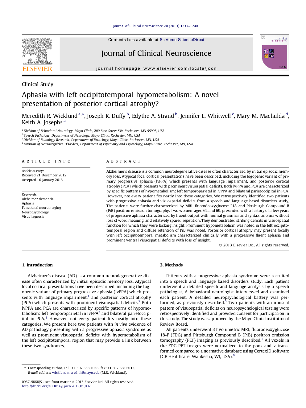 Aphasia with left occipitotemporal hypometabolism: A novel presentation of posterior cortical atrophy?