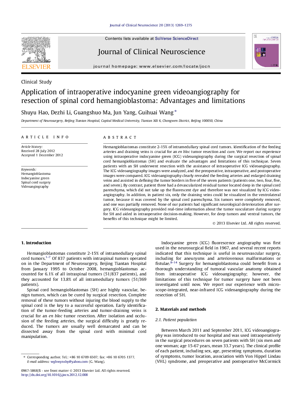 Application of intraoperative indocyanine green videoangiography for resection of spinal cord hemangioblastoma: Advantages and limitations