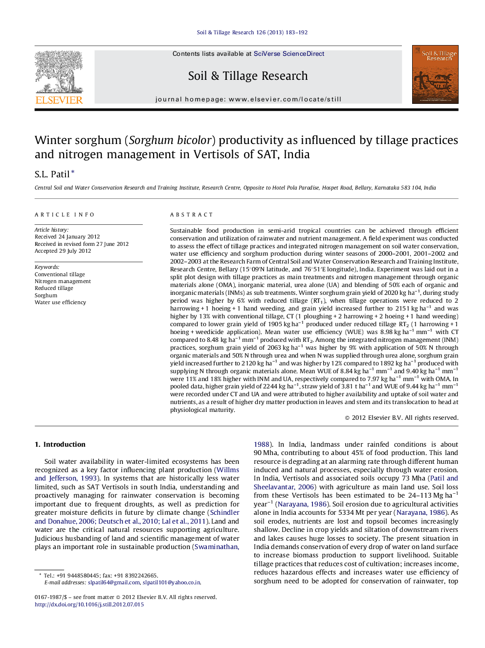 Winter sorghum (Sorghum bicolor) productivity as influenced by tillage practices and nitrogen management in Vertisols of SAT, India