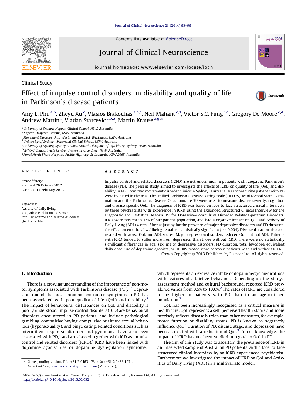 Effect of impulse control disorders on disability and quality of life in Parkinson’s disease patients