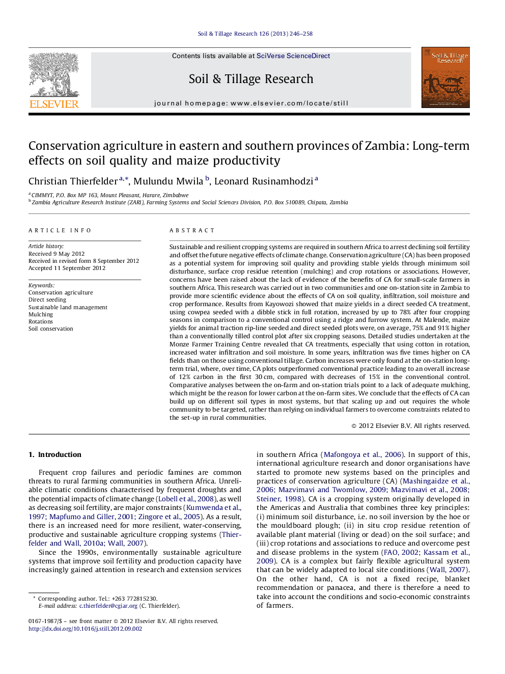 Conservation agriculture in eastern and southern provinces of Zambia: Long-term effects on soil quality and maize productivity