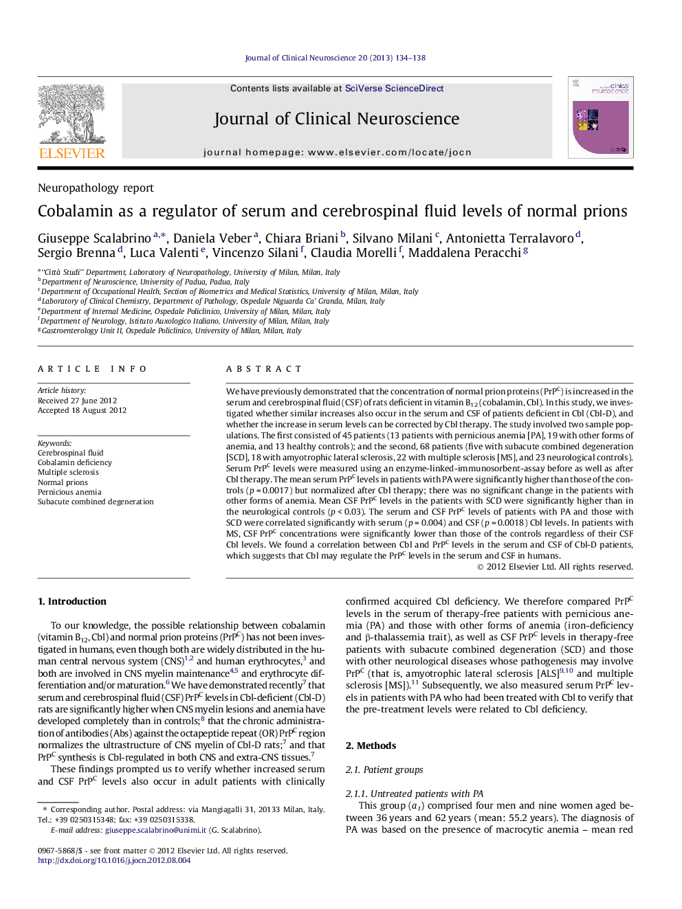 Cobalamin as a regulator of serum and cerebrospinal fluid levels of normal prions