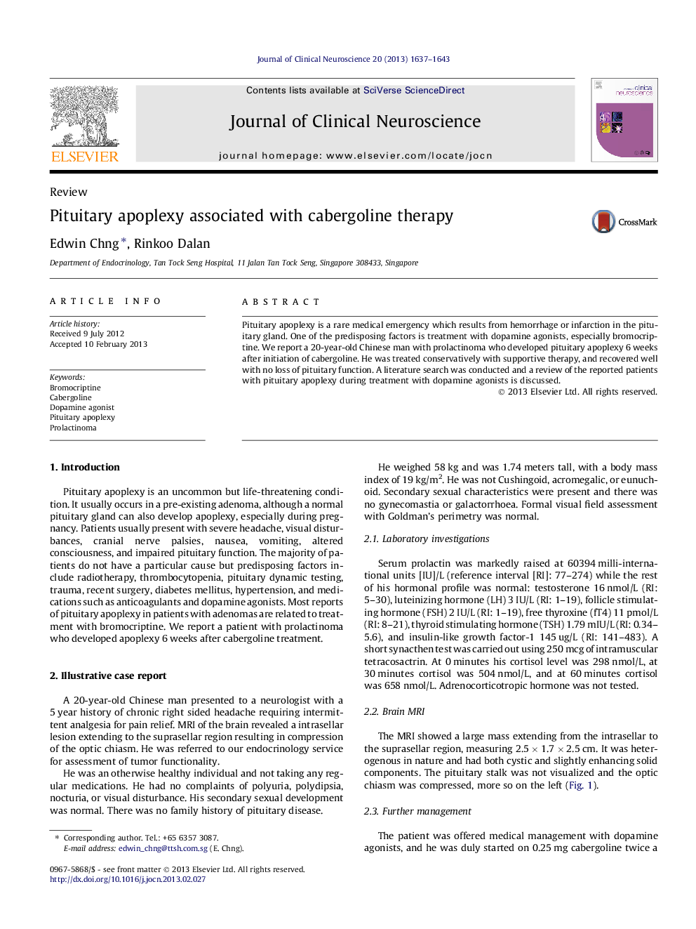 Pituitary apoplexy associated with cabergoline therapy