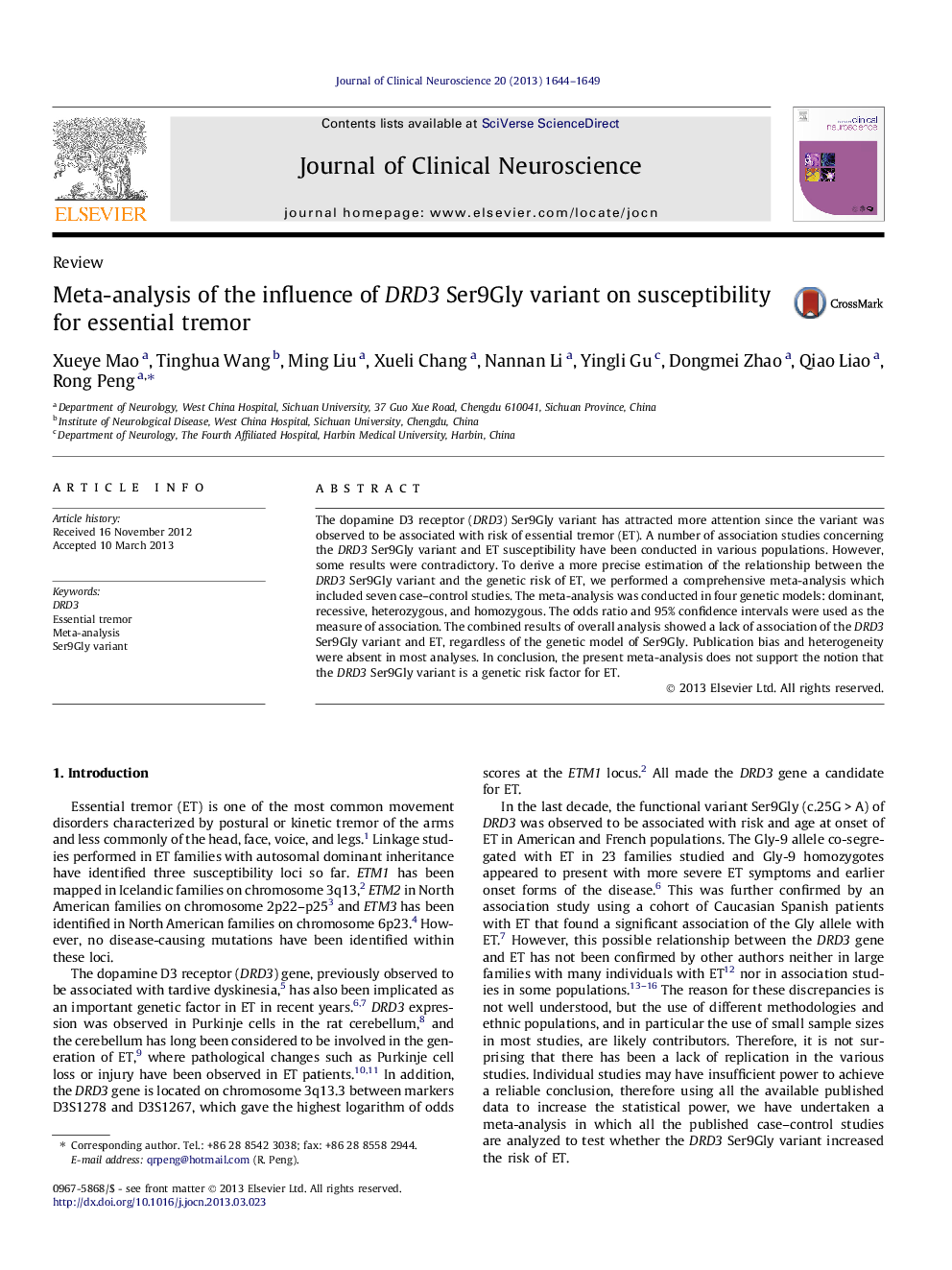 Meta-analysis of the influence of DRD3 Ser9Gly variant on susceptibility for essential tremor