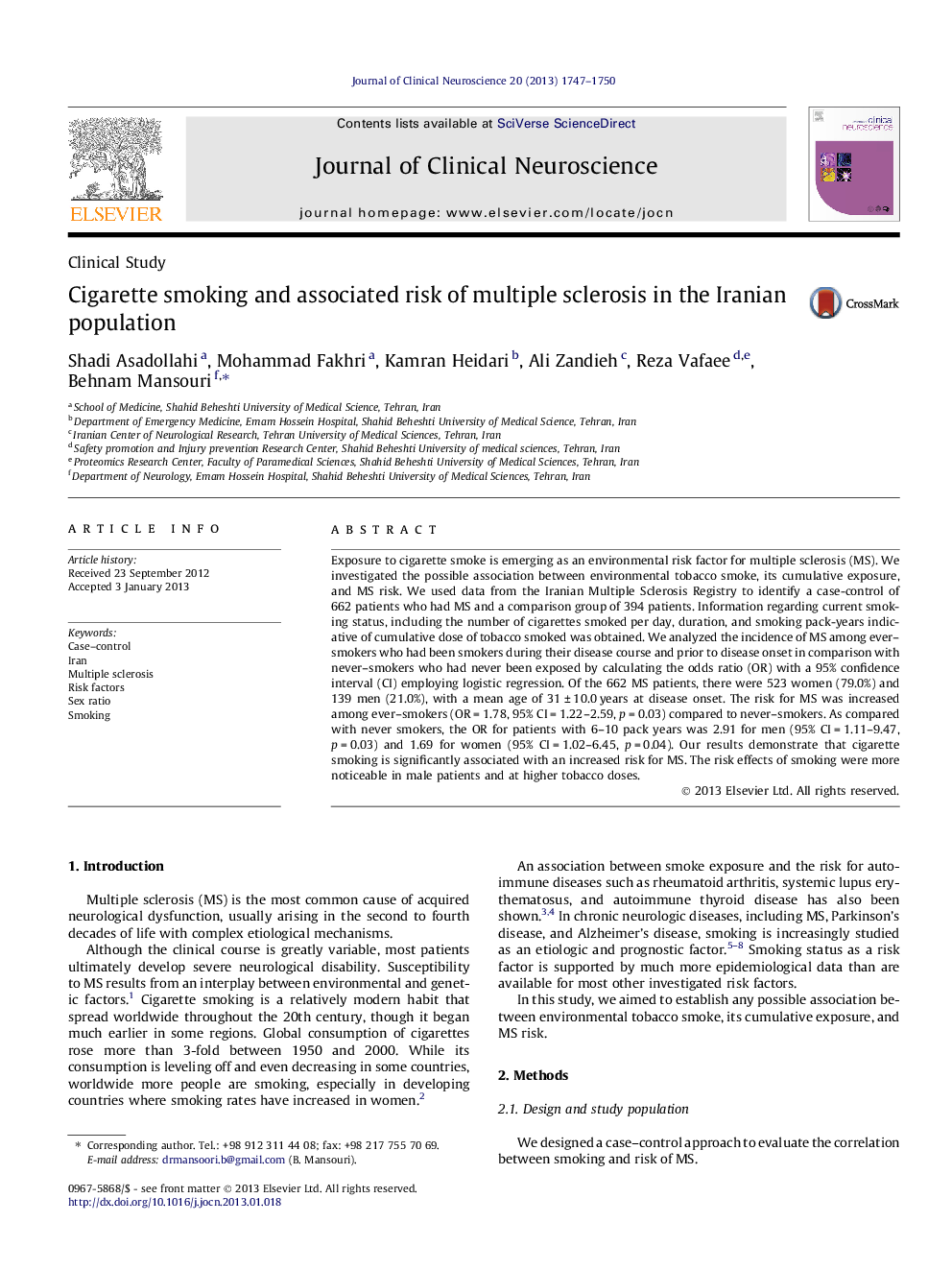 Cigarette smoking and associated risk of multiple sclerosis in the Iranian population
