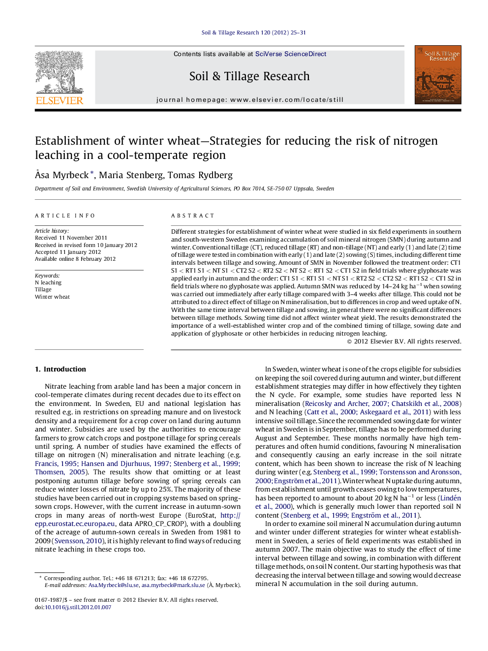 Establishment of winter wheat—Strategies for reducing the risk of nitrogen leaching in a cool-temperate region