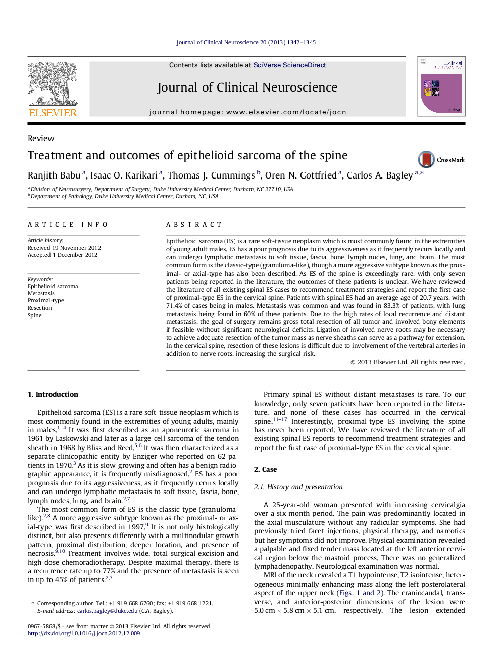 Treatment and outcomes of epithelioid sarcoma of the spine