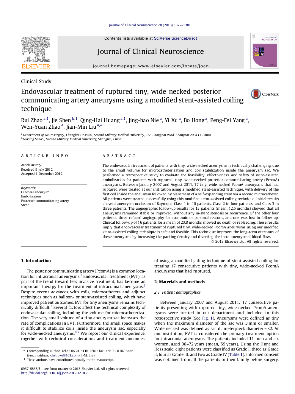 Endovascular treatment of ruptured tiny, wide-necked posterior communicating artery aneurysms using a modified stent-assisted coiling technique