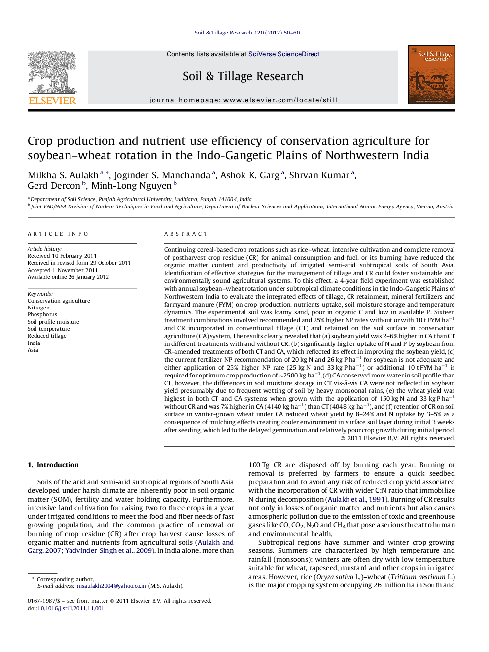 Crop production and nutrient use efficiency of conservation agriculture for soybean–wheat rotation in the Indo-Gangetic Plains of Northwestern India