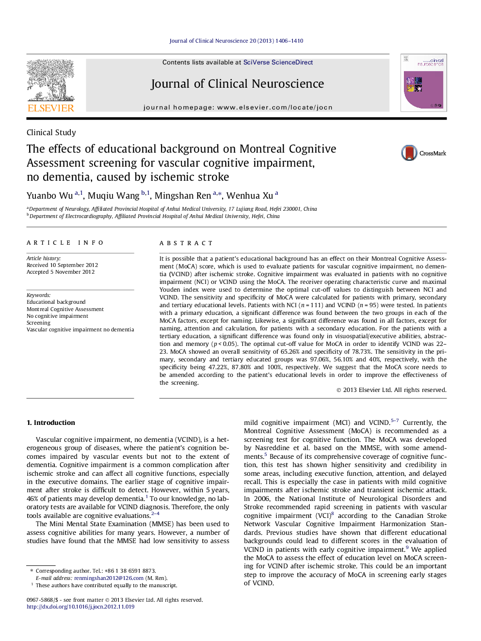 The effects of educational background on Montreal Cognitive Assessment screening for vascular cognitive impairment, no dementia, caused by ischemic stroke