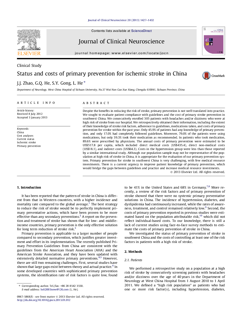 Status and costs of primary prevention for ischemic stroke in China