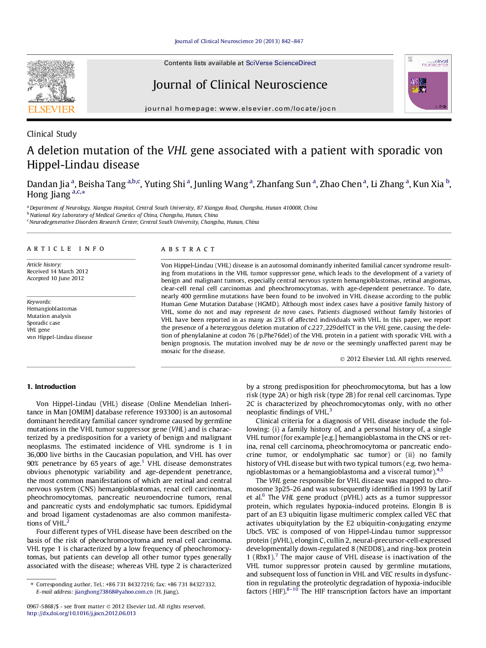 A deletion mutation of the VHL gene associated with a patient with sporadic von Hippel-Lindau disease