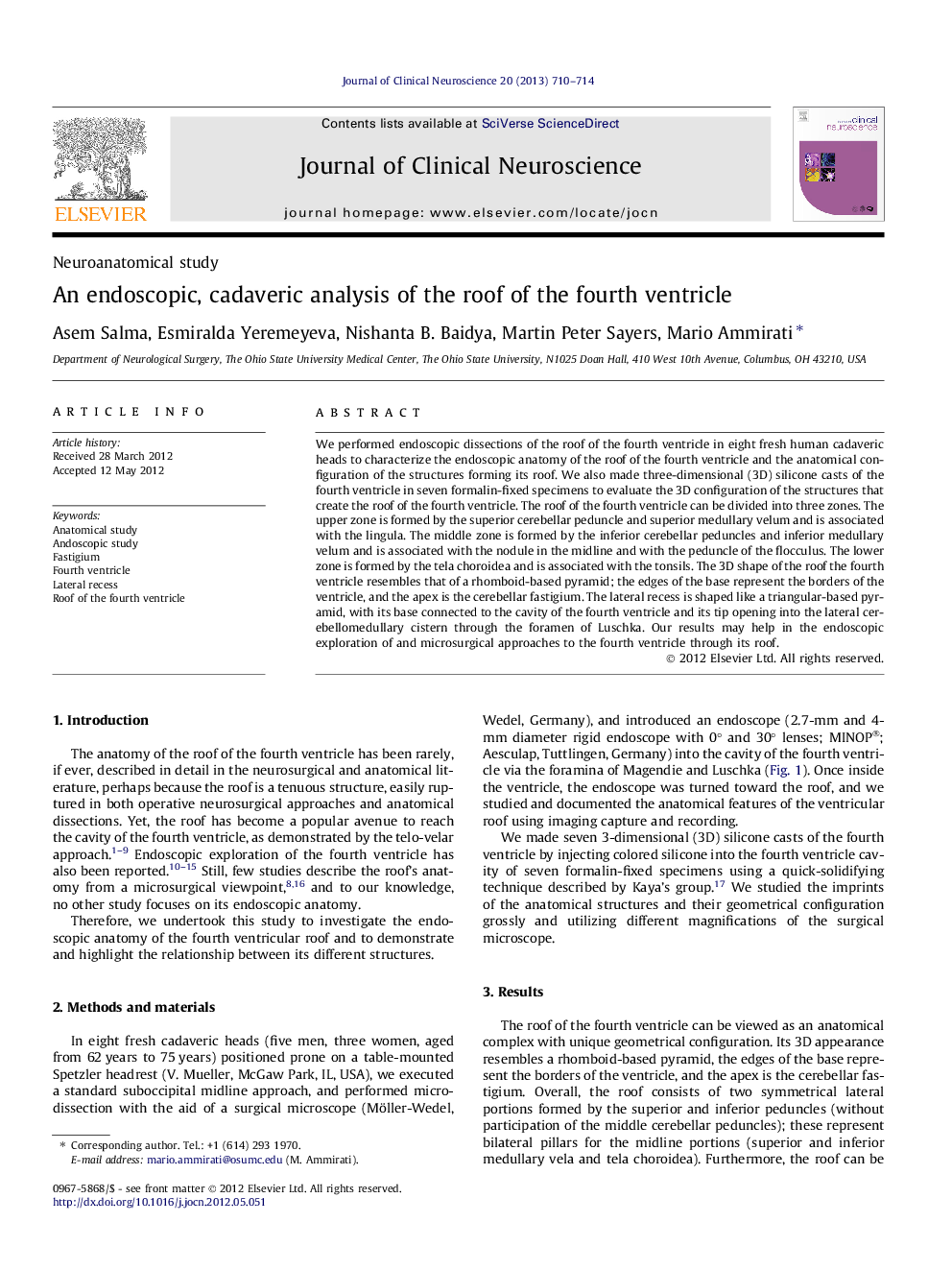 An endoscopic, cadaveric analysis of the roof of the fourth ventricle