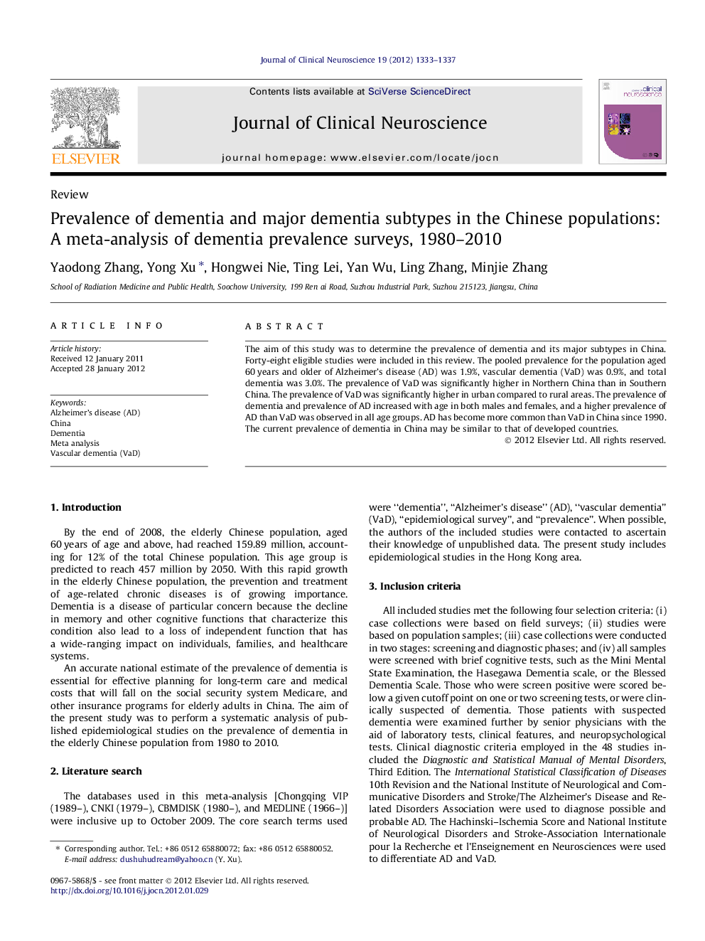 Prevalence of dementia and major dementia subtypes in the Chinese populations: A meta-analysis of dementia prevalence surveys, 1980–2010
