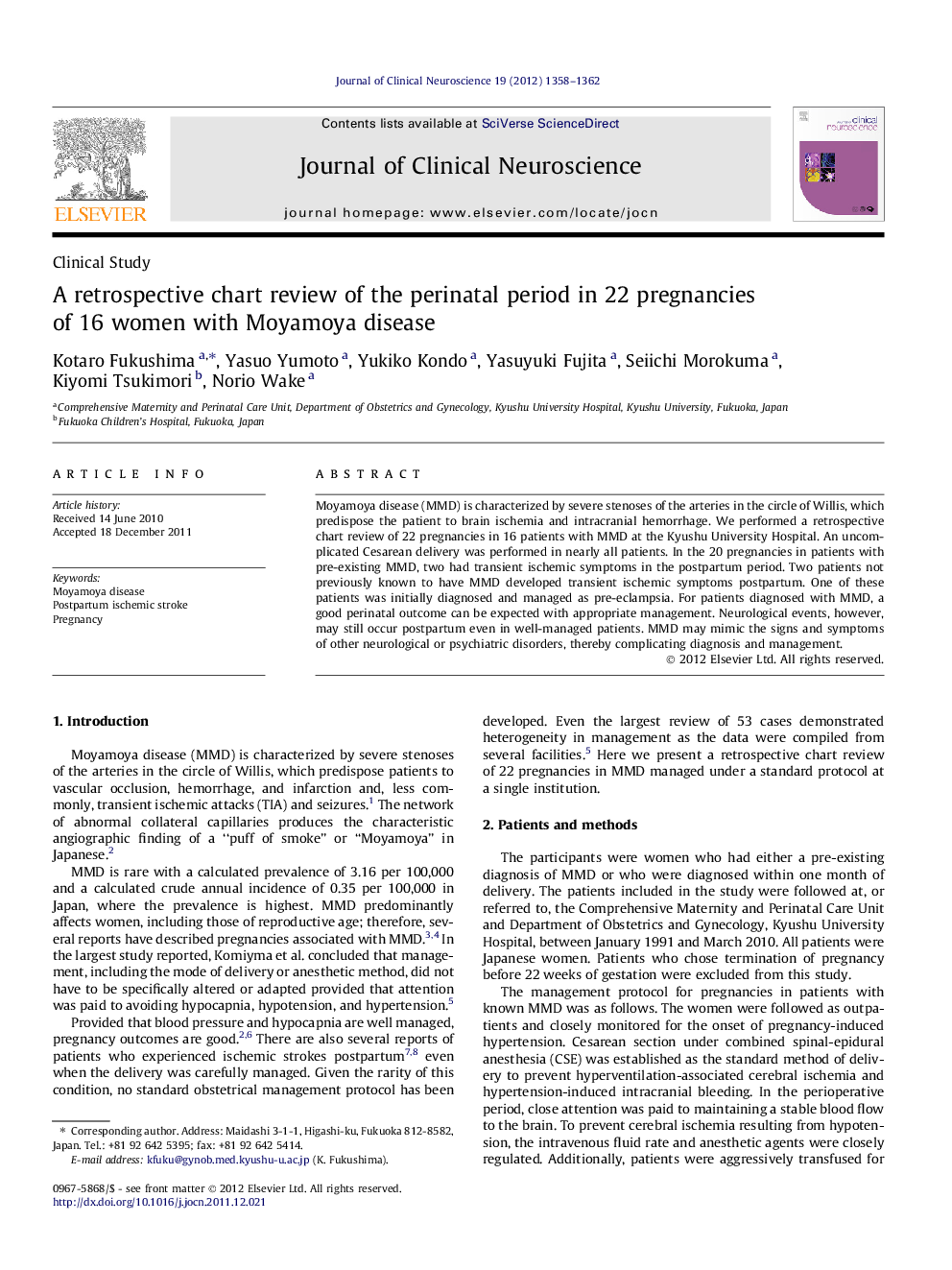 A retrospective chart review of the perinatal period in 22 pregnancies of 16 women with Moyamoya disease