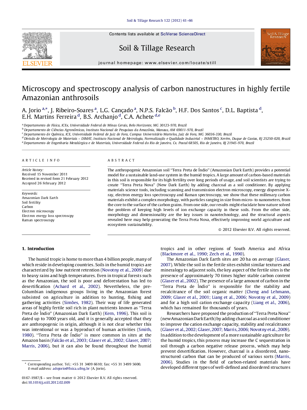 Microscopy and spectroscopy analysis of carbon nanostructures in highly fertile Amazonian anthrosoils