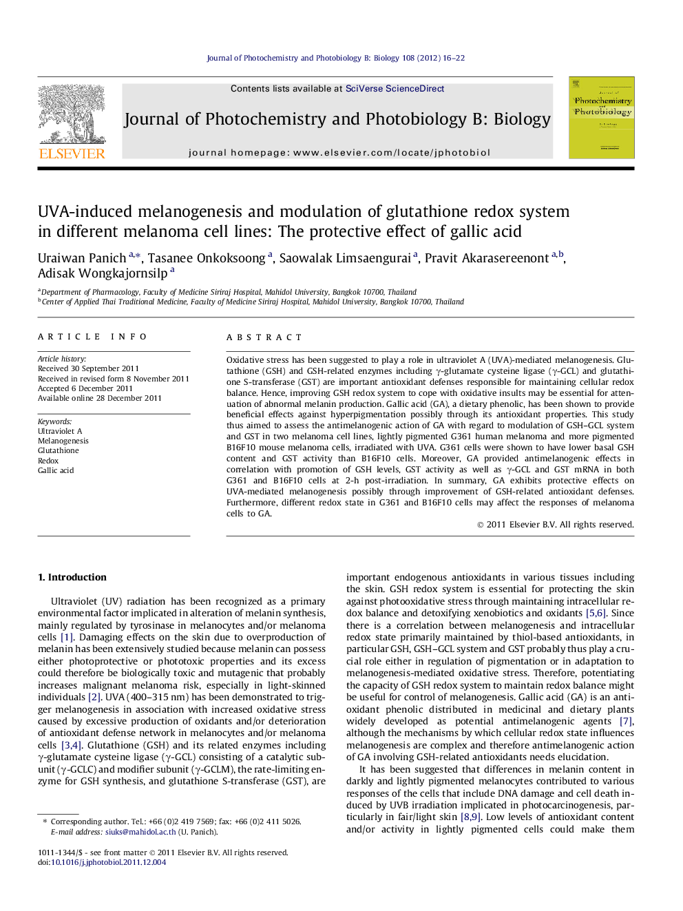 UVA-induced melanogenesis and modulation of glutathione redox system in different melanoma cell lines: The protective effect of gallic acid