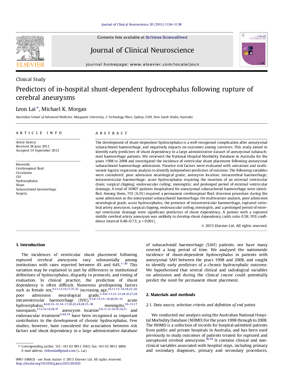 Predictors of in-hospital shunt-dependent hydrocephalus following rupture of cerebral aneurysms