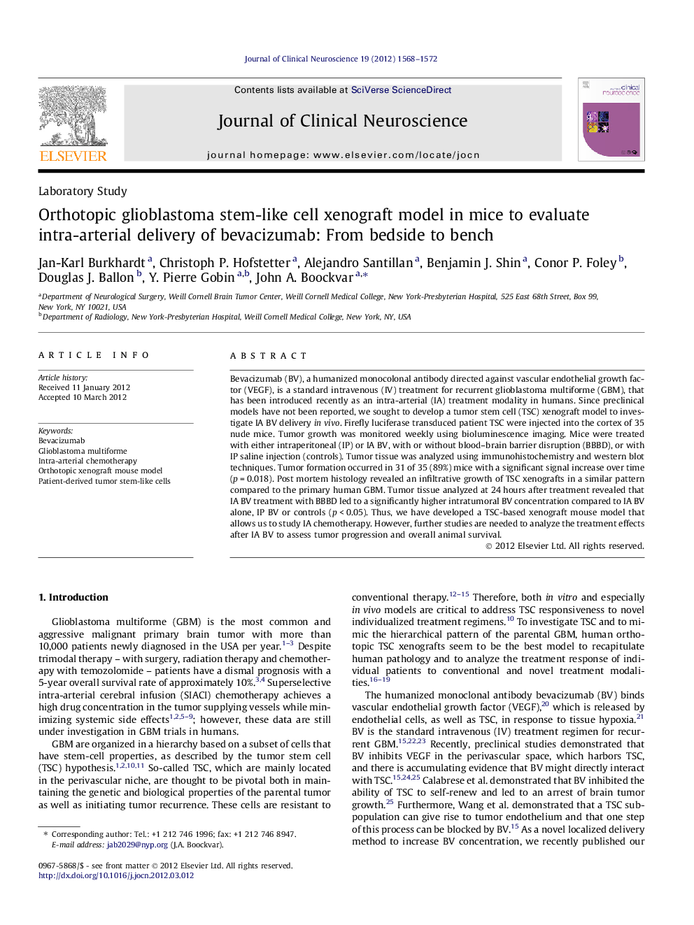 Orthotopic glioblastoma stem-like cell xenograft model in mice to evaluate intra-arterial delivery of bevacizumab: From bedside to bench