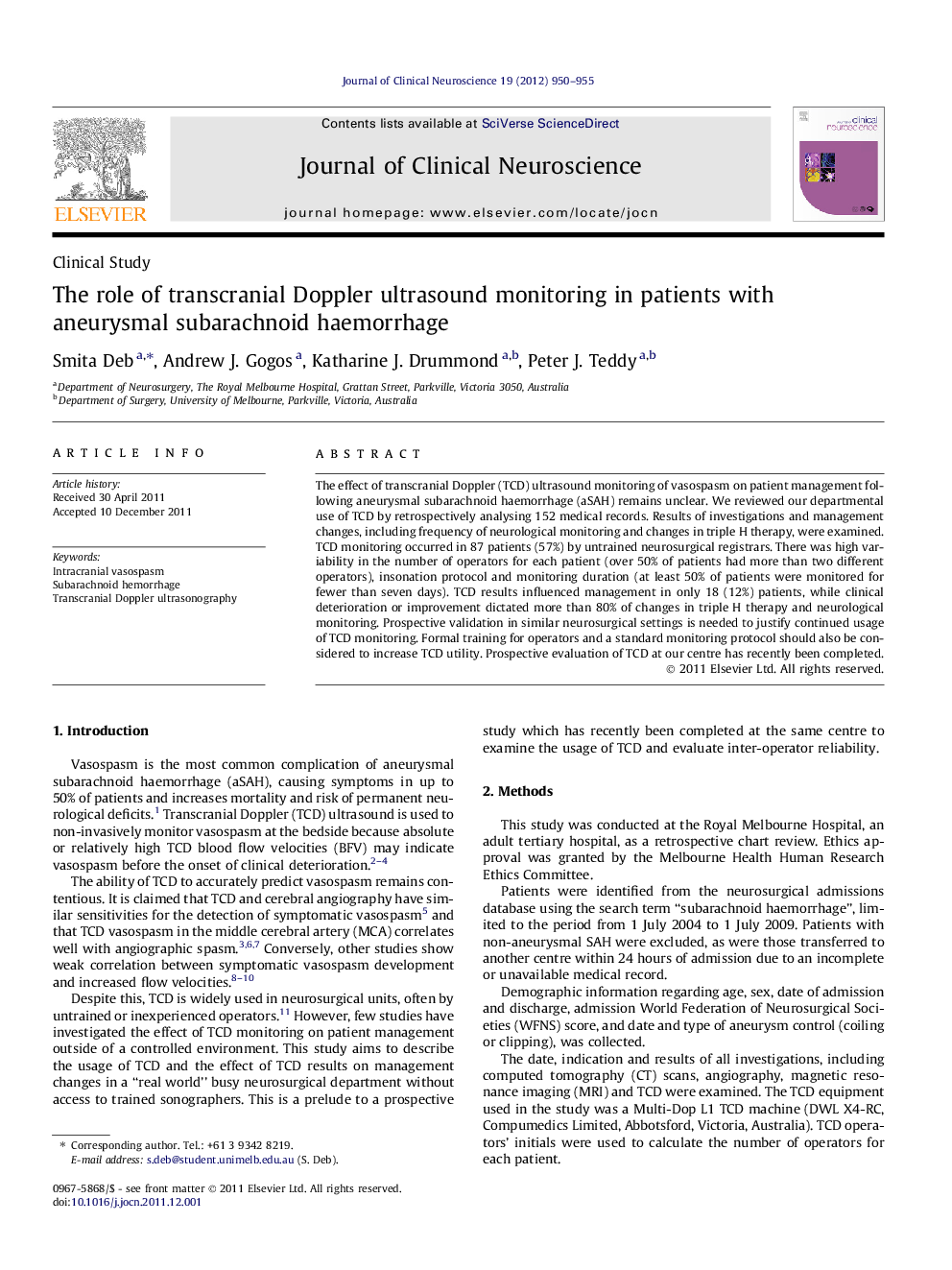 The role of transcranial Doppler ultrasound monitoring in patients with aneurysmal subarachnoid haemorrhage