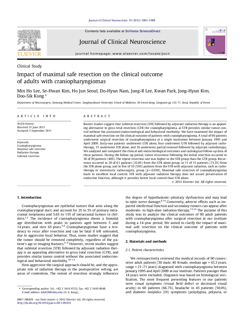 Impact of maximal safe resection on the clinical outcome of adults with craniopharyngiomas