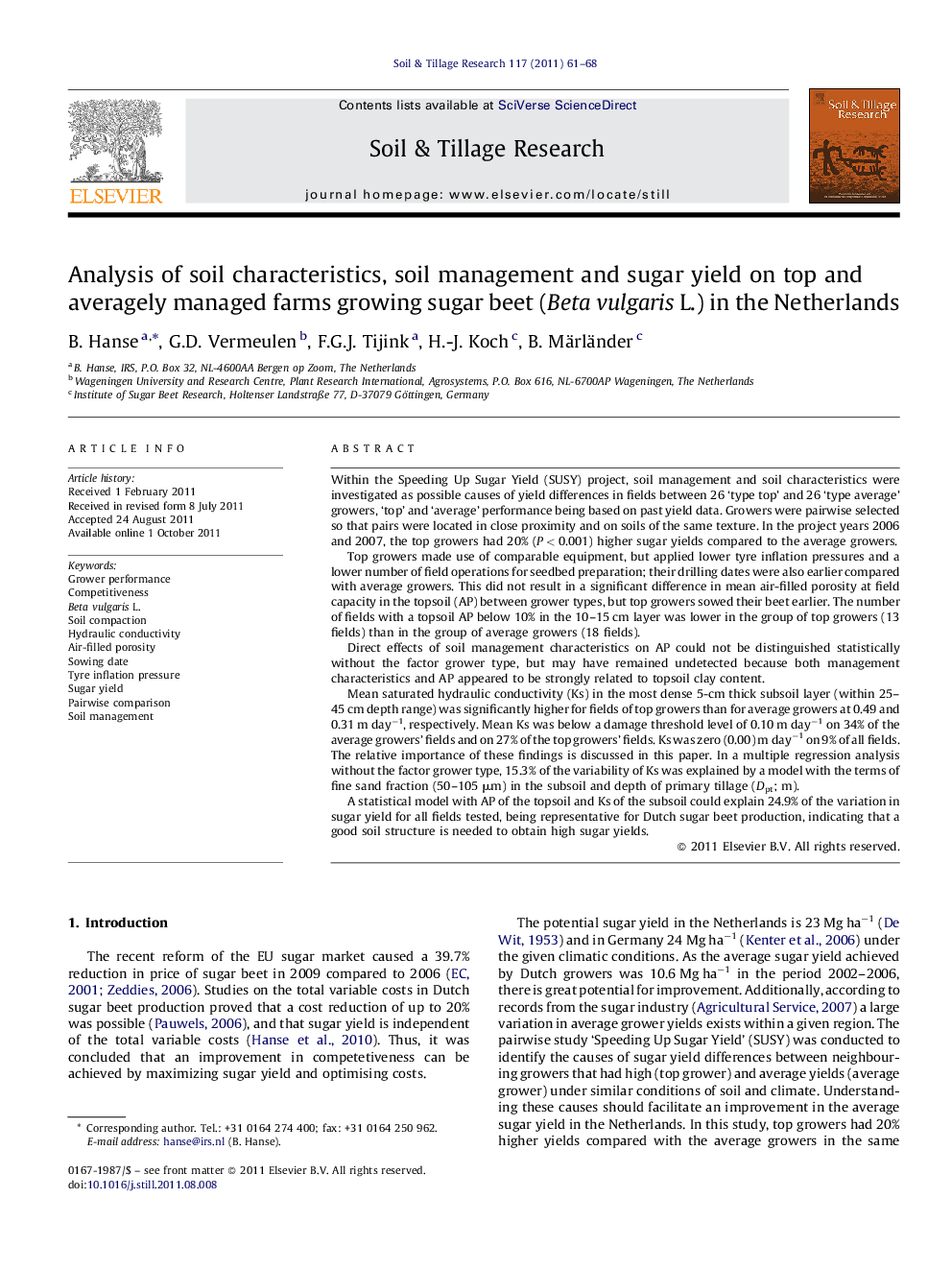 Analysis of soil characteristics, soil management and sugar yield on top and averagely managed farms growing sugar beet (Beta vulgaris L.) in the Netherlands