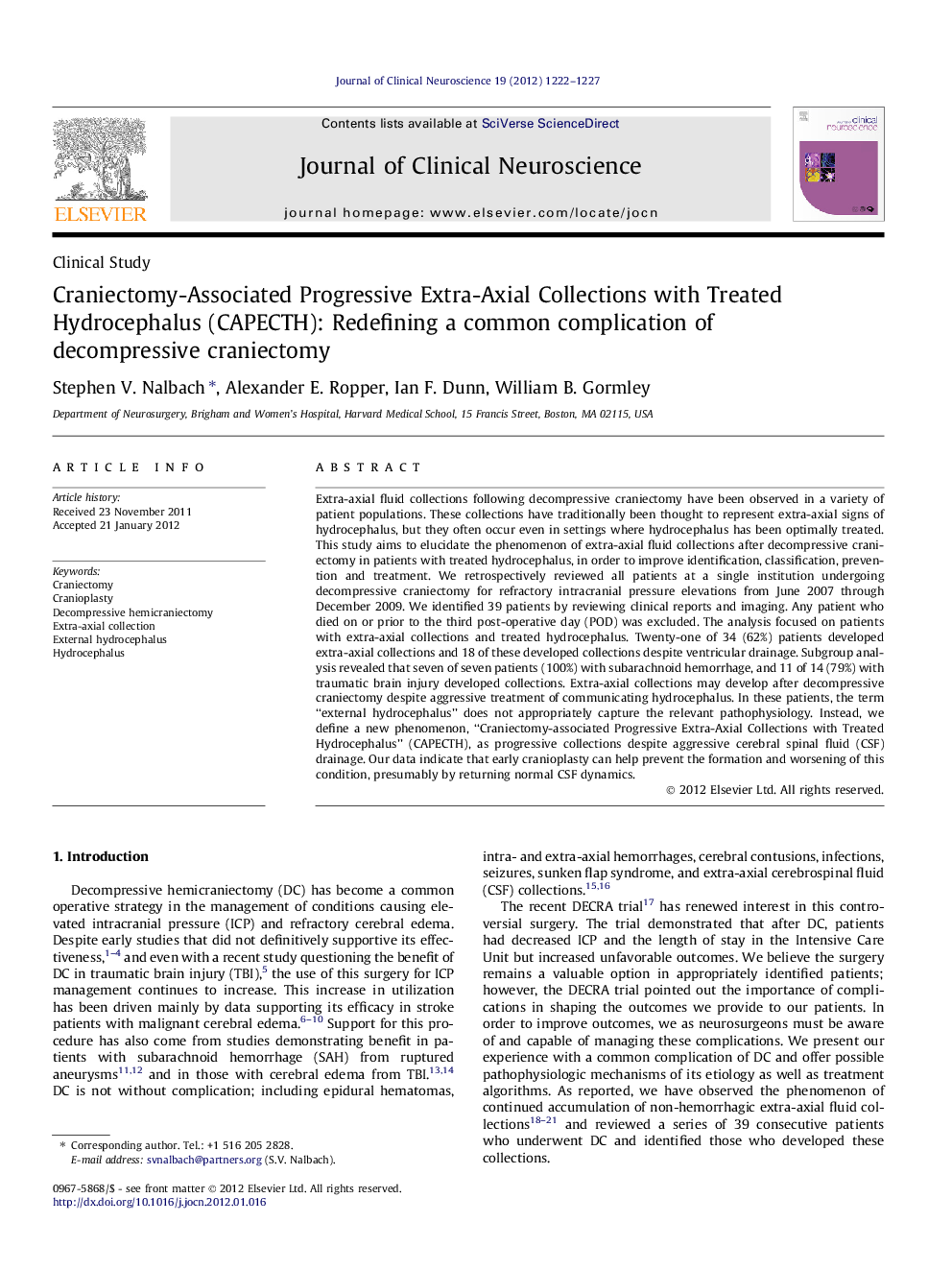 Craniectomy-Associated Progressive Extra-Axial Collections with Treated Hydrocephalus (CAPECTH): Redefining a common complication of decompressive craniectomy