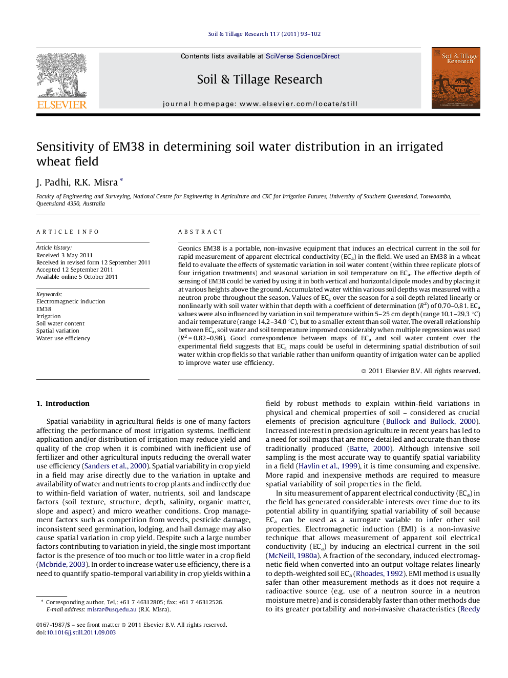 Sensitivity of EM38 in determining soil water distribution in an irrigated wheat field