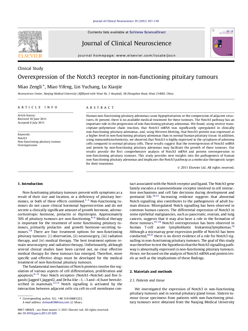 Overexpression of the Notch3 receptor in non-functioning pituitary tumours