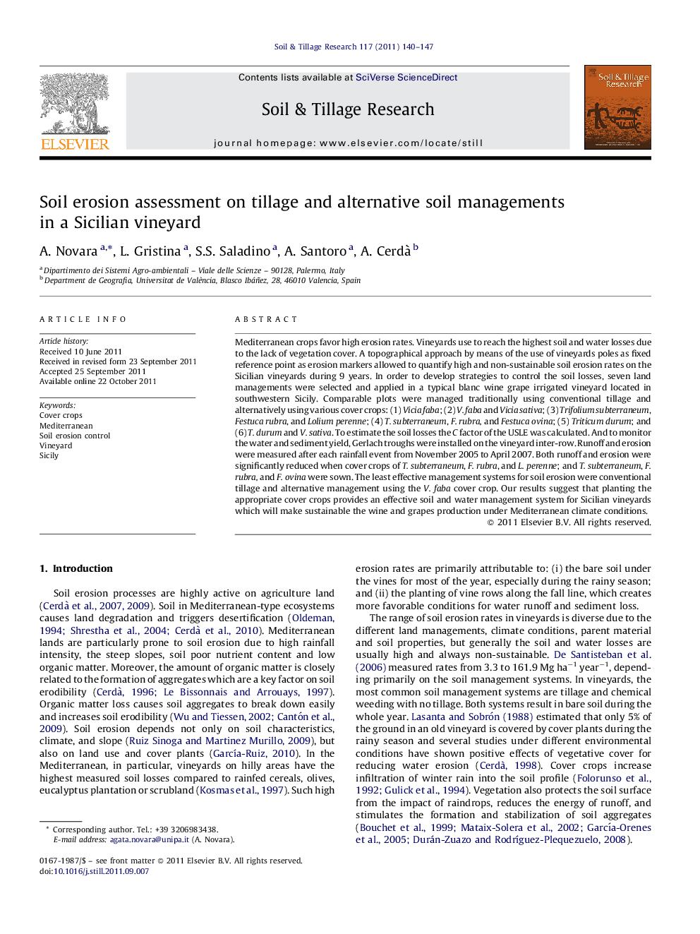 Soil erosion assessment on tillage and alternative soil managements in a Sicilian vineyard