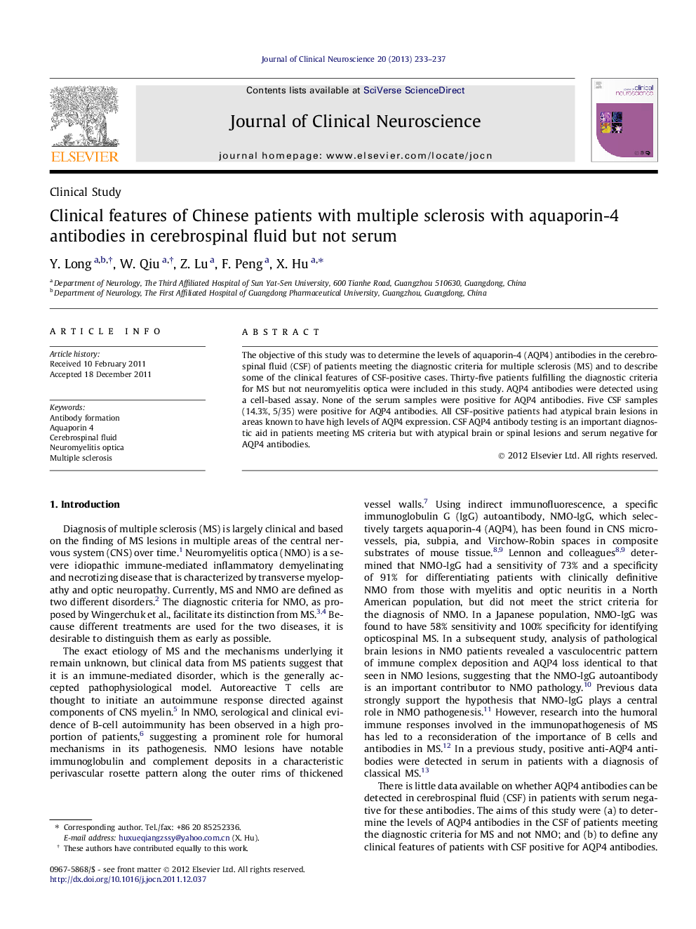 Clinical features of Chinese patients with multiple sclerosis with aquaporin-4 antibodies in cerebrospinal fluid but not serum