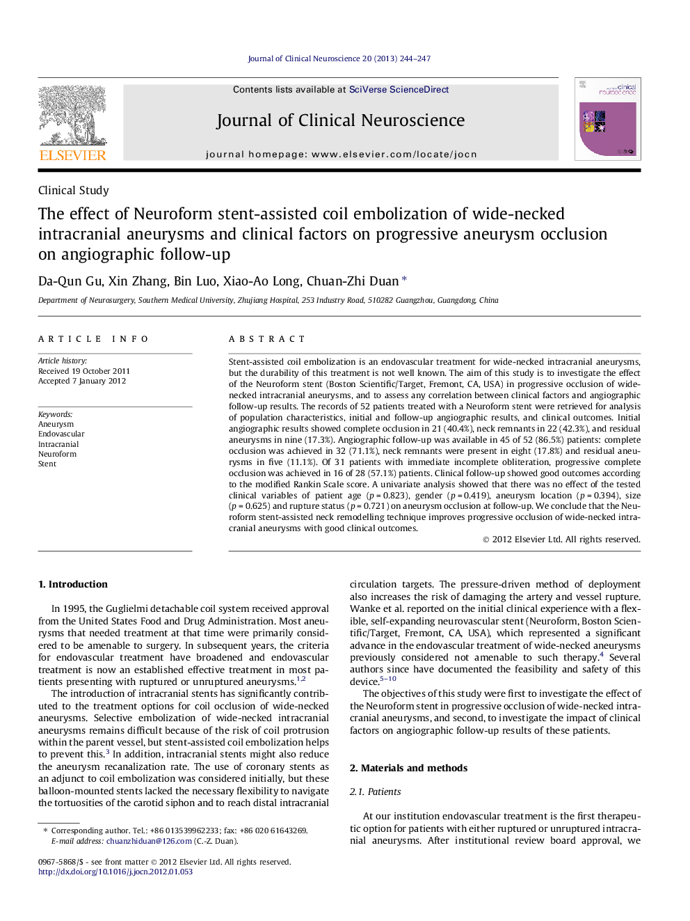 The effect of Neuroform stent-assisted coil embolization of wide-necked intracranial aneurysms and clinical factors on progressive aneurysm occlusion on angiographic follow-up