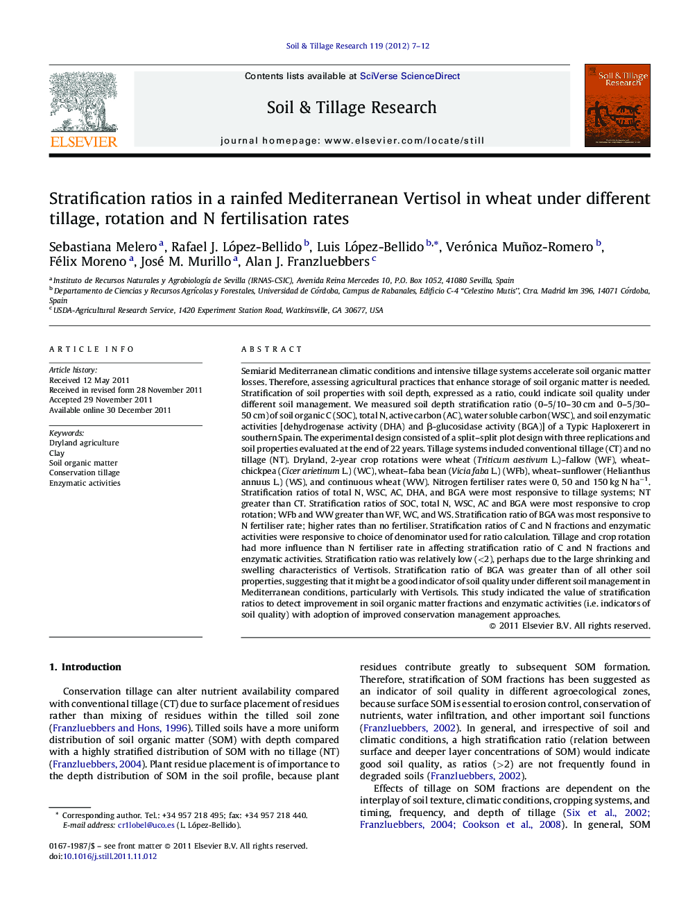 Stratification ratios in a rainfed Mediterranean Vertisol in wheat under different tillage, rotation and N fertilisation rates