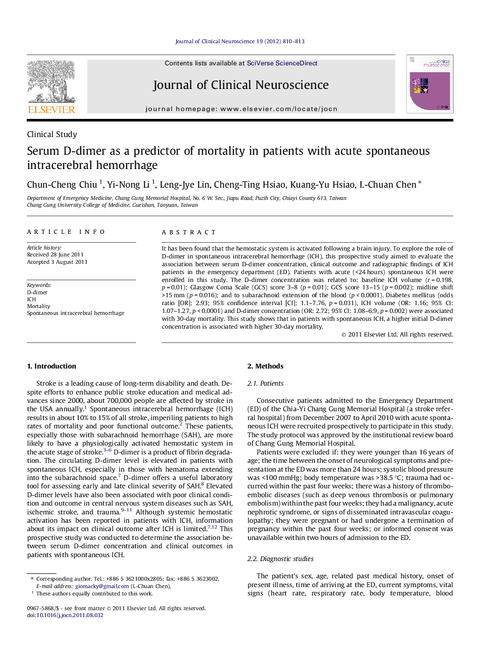 Serum D-dimer as a predictor of mortality in patients with acute spontaneous intracerebral hemorrhage