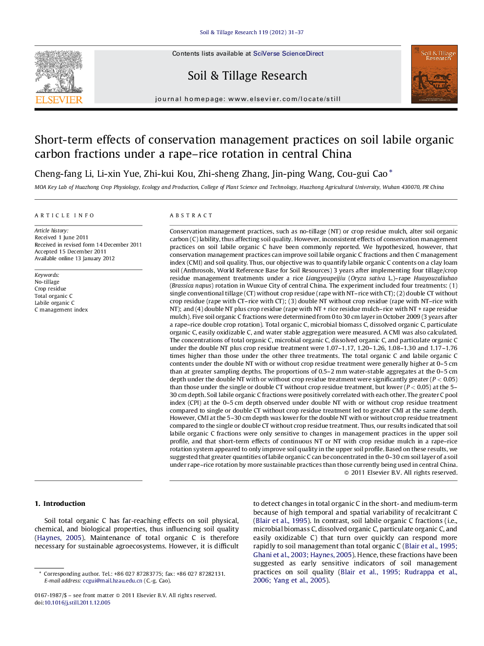 Short-term effects of conservation management practices on soil labile organic carbon fractions under a rape–rice rotation in central China