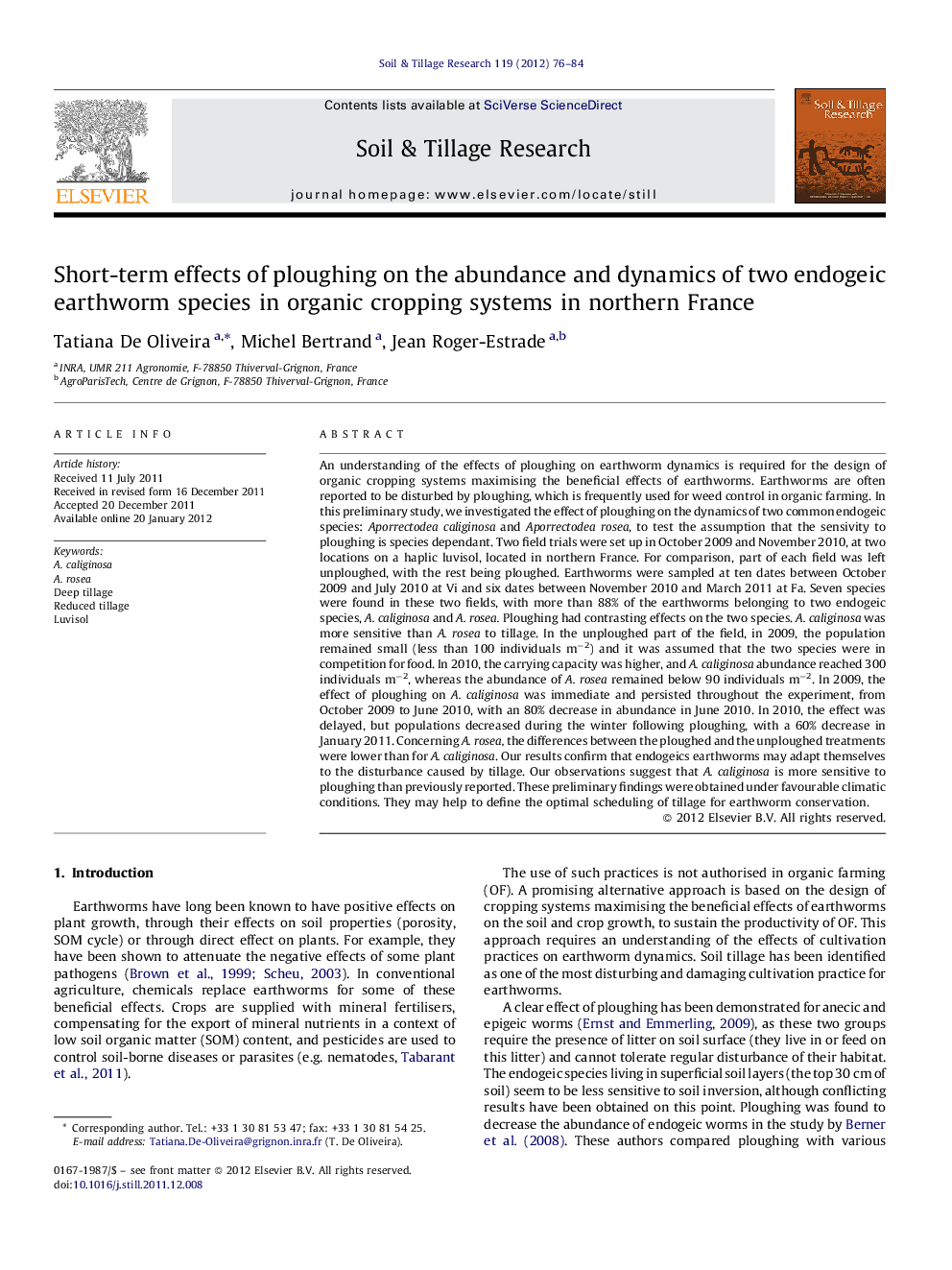 Short-term effects of ploughing on the abundance and dynamics of two endogeic earthworm species in organic cropping systems in northern France